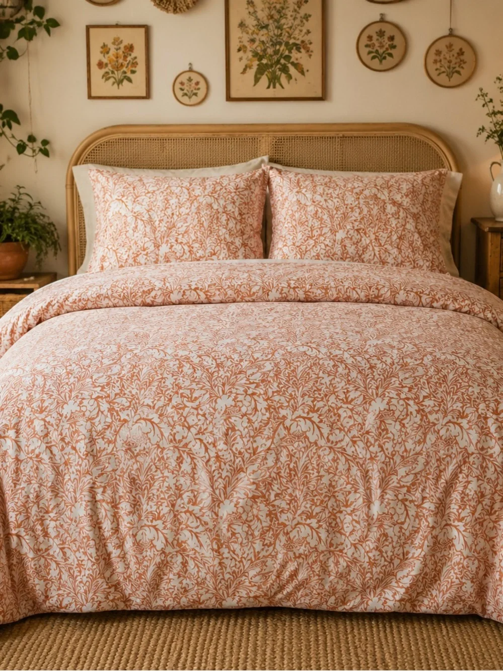 Cottagecore Queen Duvet Cover Set Coral White Floral Button Closure 2 Shams NWOT